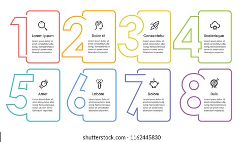 Thin line Infographic design template with icons and 8 options or steps.  Can be used for process diagram, presentations, workflow layout, banner, flow chart, info graph.