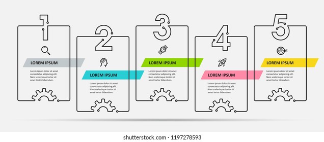 Thin line Infographic design template with icons and 5 numbers options or steps.  Can be used for process diagram, presentations, workflow layout, banner, flow chart, info graph.