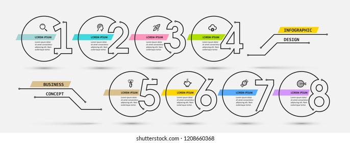 Thin line Infographic design template with icons and 8 options or steps.  Can be used for process diagram, presentations, workflow layout, banner, flow chart, info graph.