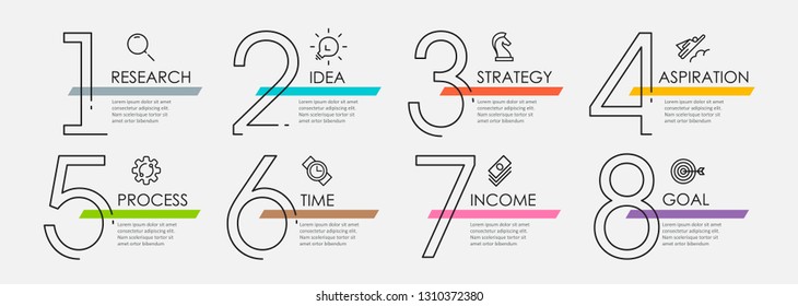 Thin line Infographic design template with icons and 8 options or steps.  Can be used for process diagram, presentations, workflow layout, banner, flow chart, info graph.