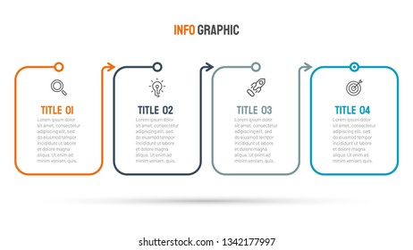 Thin line infographic design template with arrow sign and marketing icons. Business concept with 4 options, steps or processes. Vector illustration. Can be used for presentations, info graph.