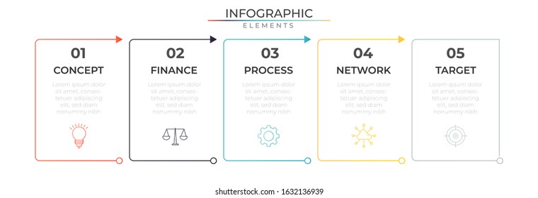 Thin line infographic design template with icons and five connected arrow step. Vector for company and corporate business project and presentation. Eps 10