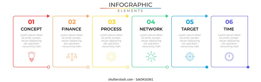 Plantilla de diseño infográfico de línea delgada con iconos y seis pasos de flecha conectados. Ilustración vectorial para el proyecto y presentación de empresas y empresas. Eps 10