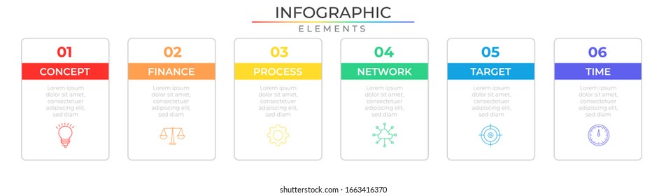 Thin line infographic design template with icons and six steps process. Vector illustration for company or corporate business project and presentation. Eps 10