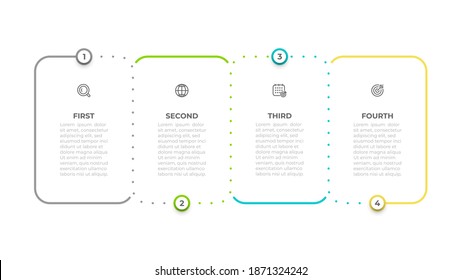 Plantilla de diseño infográfico de línea delgada con iconos y 4 opciones o pasos. Se puede utilizar para diagrama de flujo de trabajo, gráfico de información, gráfico de flujo.