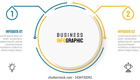 thin line infographic label with circle process and marketing icons. Business concept with 2 steps, options. Vector element for presentations.