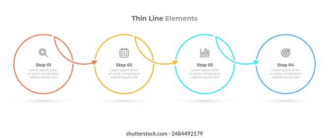 Diseño de etiqueta infográfica de línea delgada con círculos y flechas. Proceso de línea de tiempo de negocios con 4 pasos y opciones. Ilustración vectorial. ideal para diagramas de flujo de trabajo y gestión de proyectos.