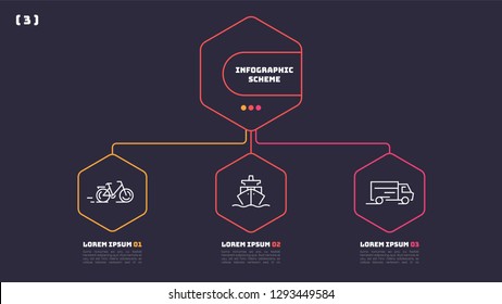 Thin line infographic scheme with 3 options. Vector template for web, presentations, reports, visualizations. Editable stroke.