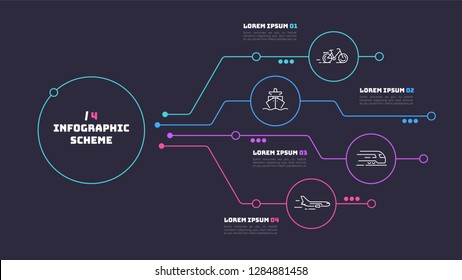 Thin line infographic scheme with 4 options. Vector template for web, presentations, reports, visualizations. Editable stroke.