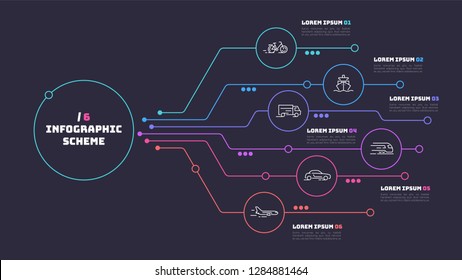 Thin line infographic scheme with 6 options. Vector template for web, presentations, reports, visualizations. Editable stroke.