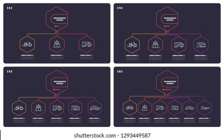 Thin line infographic schemes with 3 4 5 6 options. Vector templates for web, presentations, reports, visualizations. Editable stroke.