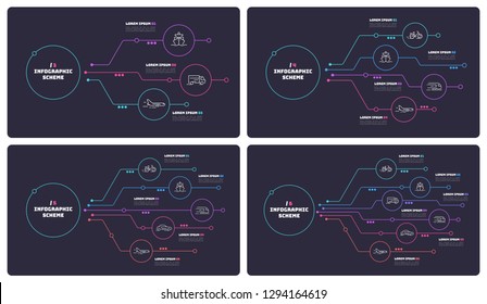 Thin line infographic schemes with 3 4 5 6 options. Vector templates for web, presentations, reports, visualizations. Editable stroke.