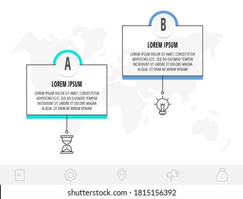 Thin line infographic template with 2 steps, labels. Modern business concept infographics with circles for brochure, diagram, workflow, timeline.