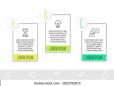 Plantilla infográfica de línea delgada con 3 pasos, etiquetas. Infografía moderna de concepto de negocio con círculos para folletos, web, banner, diseño de flujo de trabajo, presentaciones, diagrama de flujo.