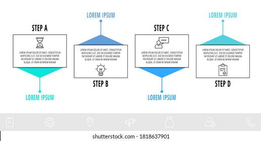 Plantilla infográfica de línea delgada con 4 pasos, etiquetas. Infografías modernas de concepto de negocio con círculos para diagrama de flujo, gráfico de información, escala de tiempo, contenido, niveles.