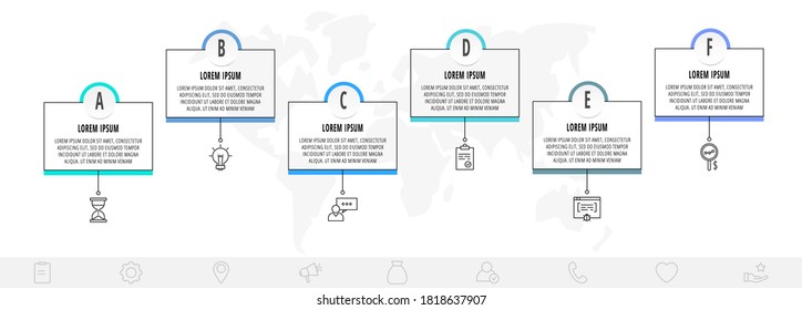 Thin line infographic template with 6 steps, labels. Modern business concept infographics with circles for diagram, workflow layout, presentations, flow chart, info graph, timeline, content, levels.