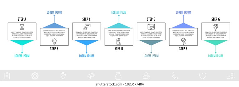 Dünne, feine Infografik-Vorlage mit 7 Schritten, Etiketten. Moderne Business-Konzept-Infografiken mit Kreisen für Diagramm, Web, Banner, Präsentationen, Flussdiagramm, Infografik, Zeitlinie, Inhalt, Level.