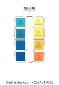 Thin line infographic template featuring eight rectangular elements arranged in two vertical columns, connected by a central line. The elements have a gradient from blue to orange and contain icons.