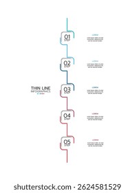 Modelo infográfico de linha fina com cinco semicírculos verticais numerados conectados por uma linha com um gradiente de azul a vermelho. Cada semicírculo é rotulado como "STEP". Ilustração vetorial.