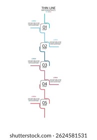 Modelo infográfico de linha fina com cinco semicírculos verticais numerados conectados por uma linha com um gradiente de azul a vermelho. Cada semicírculo é rotulado como "STEP". Ilustração vetorial.