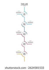 Modelo infográfico de linha fina com cinco semicírculos verticais numerados conectados por uma linha com um gradiente de azul a vermelho. Cada semicírculo é rotulado como "STEP". Ilustração vetorial.