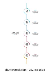 Modelo infográfico de linha fina com cinco semicírculos verticais numerados conectados por uma linha com um gradiente de azul a vermelho. Cada semicírculo é rotulado como "STEP". Ilustração vetorial.