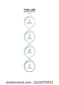 Thin line infographic template featuring four vertical, connected rounded teardrop shapes with a gradient from light green to dark blue. Each shape contains an icon and text area. Vector illustration.
