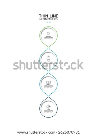 Thin line infographic template featuring four vertical, connected rounded teardrop shapes with a gradient from light green to dark blue. Each shape contains an icon and text area. Vector illustration.