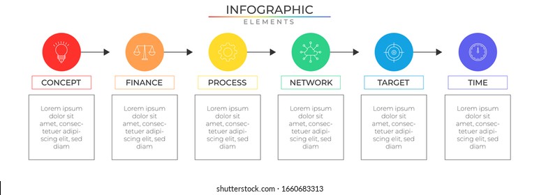 Plantilla infográfica de línea delgada con iconos y proceso de seis pasos. Vector moderno para proyectos y presentaciones de empresas o empresas. Diseño moderno Eps10