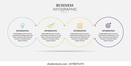 Thin line Infographics template. Timeline with 4 steps, circles, options and marketing icons. Vector linear infographic elements.