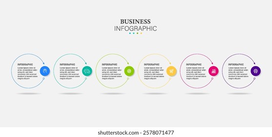 Thin line Infographics template. Timeline with 6 steps, circles, options and marketing icons. Vector linear infographic elements.