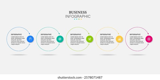 Thin line Infographics template. Timeline with 5 steps, circles, options and marketing icons. Vector linear infographic elements.