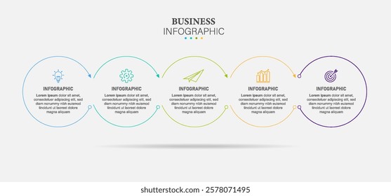 Thin line Infographics template. Timeline with 5 steps, circles, options and marketing icons. Vector linear infographic elements.