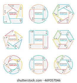 Thin line infographics vector elements for business presentation with options parts steps and processes. Illustration charts in form hexagon, pentagon and square