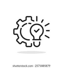 thin line innovation solution icon with gear. linear simple trend modern insight logotype graphic art design element isolated on white. concept of abstract creative industry or implementation idea