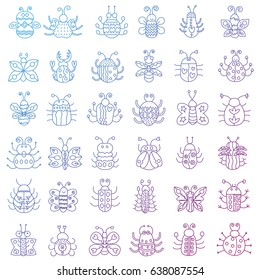 Thin line insects icons set. Color stroke outline Butterfly, bugs collection.