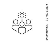 thin line insight icon with group of people and black bulb. outline flat trend modern logo graphic stroke art design isolated on white. concept of scholars or scientists and students or genius