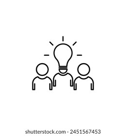 thin line insight icon with group of people and black bulb. outline flat trend modern logo graphic stroke art design isolated on white. concept of scholars or scientists and students or genius