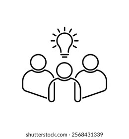 thin line insight icon with group of people and black bulb. outline flat trend modern logo graphic stroke art design isolated on white. concept of scholars or scientists and students or genius