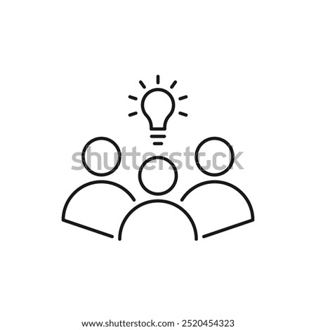 thin line insight icon with group of people and black bulb. outline flat trend modern logo graphic stroke art design isolated on white. concept of scholars or scientists and students or genius