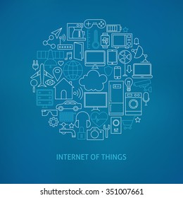 Thin Line Internet of Things Icons Set Circle Concept. Vector Illustration of Smart Home Technology Modern Objects over Blue Blurred Background.