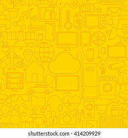 Thin Line Internet of Things Seamless Yellow Pattern. Vector Web Design Seamless Background in Trendy Modern Line Style. Technology Smart Home Outline Art.