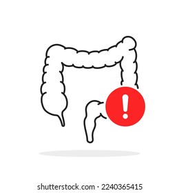 thin line intestines with exclamation point icon. outline style graphic simple design internal organ logotype linear element isolated on white. concept of big trouble with digestive system