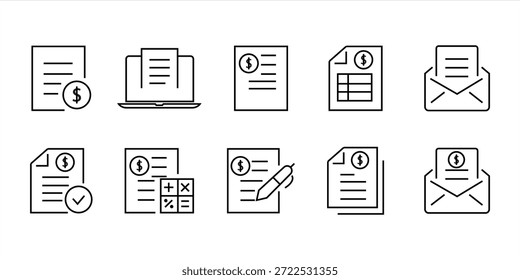 Conjunto de iconos de Factura de línea fina. Comprobante y billete. Esquema editable. Ilustración vectorial.