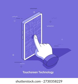 Thin line isometrci vector illustration with Human hand finger touching smartphone screen with electronic circuit. Digital touchscreen technology concept. Mobile device communication system.