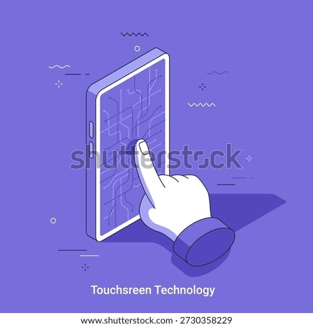 Thin line isometrci vector illustration with Human hand finger touching smartphone screen with electronic circuit. Digital touchscreen technology concept. Mobile device communication system.