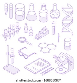 Juego de iconos de laboratorio isométrico de línea delgada. Colección de iconos de la línea delgada de la ciencia. Paquete de símbolos para sitio web de diseño, aplicación móvil, material impreso, etc.