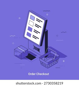 Ilustración vectorial isométrica de línea delgada. Completar compra de la orden con el monitor, el escáner del código de barras y la cesta de compras. Concepto de compras en línea y comercio electrónico para el diseño de Sitios web de negocios.