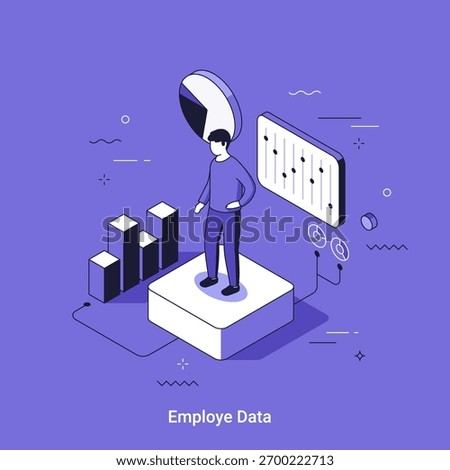 Thin line isometric vector illustration with Man analyzing employee data dashboard with pie chart, bar graph, and sliders. Business intelligence and hr management.