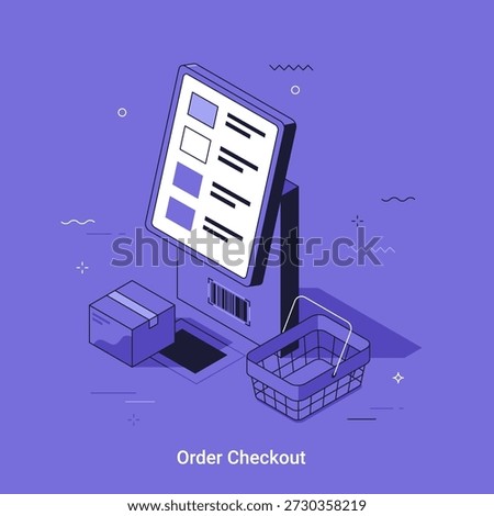 Thin line isometric vector illustration. Order checkout with monitor, barcode scanner and shopping basket. Online shopping and e-commerce concept for business website design.
